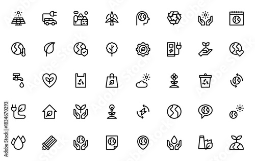 World Environment Day icon set. Eco-friendly vector llustrations. Includes symols for solar panel, electic car, recycling, earth, ind energy, ecology and moe. Editable stroke.