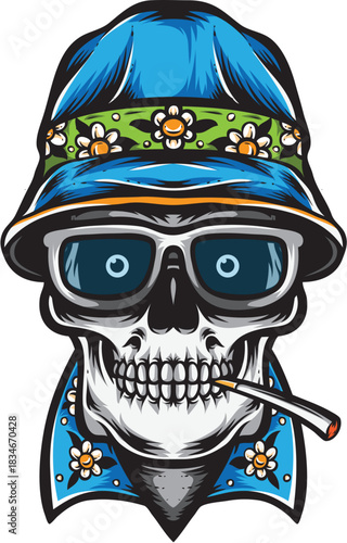 Cool Skull Mascot Wearing Blue Bucket Hat and Sunglasses with Cigarette Demon Skulls Vectors Set Free...