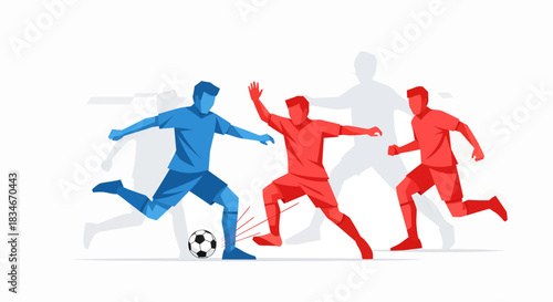 Soccer Players in Action Striking a Ball During a Game, Sport Activity, Vector Illustration