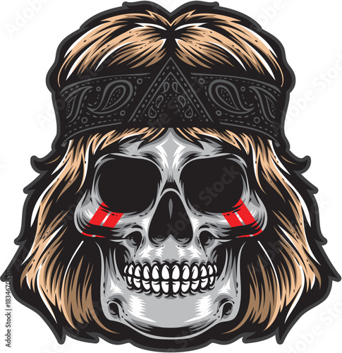 Rocker Skull Mascot with Bandana and Long Hair Illustration Demon Skulls Vectors Set Free...
