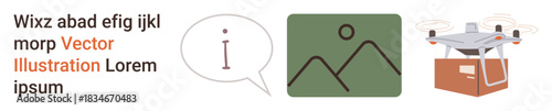 Communication, technology, delivery services, logistics, media sharing, and message transmission. Icons include information bubble, image upload symbol, and quadcopter carrying a package