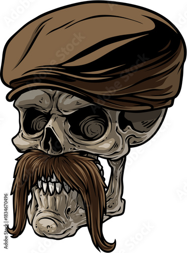 Human Skull Wearing Brown Flat Cap Hat and Long Mustache Illustration Demon Skulls Vectors Set Free...