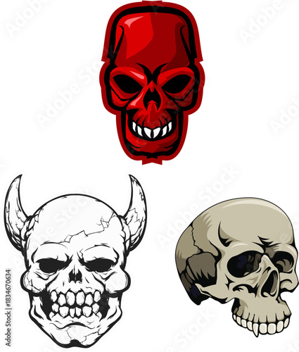 Human Skull Vector Set, Horned Devil Skull and Red Head Skeleton MascotbDemon Skulls Vectors Set Free...