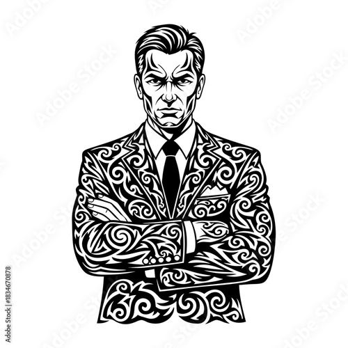 A businessman with intense gaze and arms crossed, adorned in a suit with intricate tribal patterns