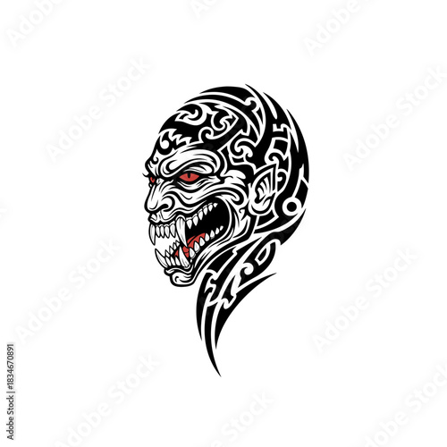 Tribal Vampire Face Tattoo Design - Dark Fantasy Creature with Red Eyes and Fangs