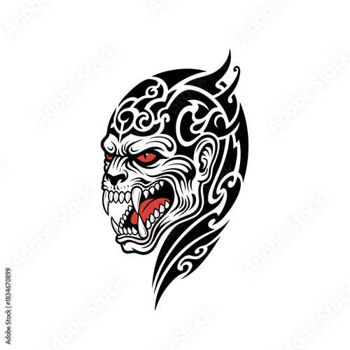 Terrifying Tribal Monster Tattoo Design with Fiery Red Eyes and Sharp Fangs on White Background