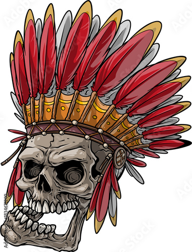 Native American Chief Skull with Detailed Red Feather Headdress Vector