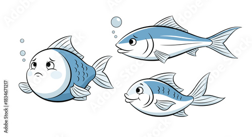 Three cute cartoon fish swimming together in the clear blue water with bubbles.
