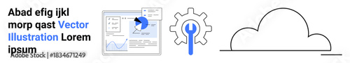 Cloud computing, data management, analytics tools, technical setup, software optimization, networking. Graphs with a pie chart, gear with wrench and a cloud. Cloud computing and data management