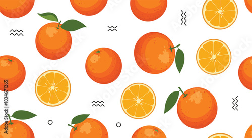 Vibrant seamless pattern featuring ripe oranges and refreshing citrus slices on a clean white background.