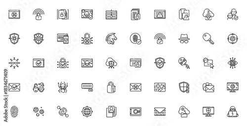 Internet security icon set. Vector illustration. Incudes symbols for antivirus firewall, malware, phishig, encryption, password, VN, and more.