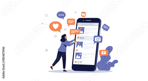 A person interacting with social media content on a large smartphone screen displaying various posts and notifications.