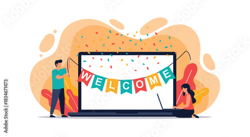 Two people are setting up a colorful welcome banner across a laptop screen for a celebration.