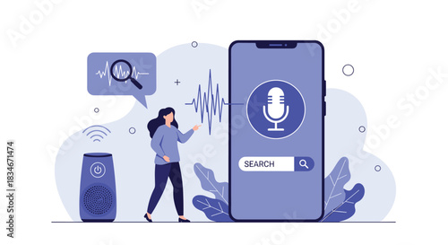 A woman interacts with a smartphone displaying a microphone icon and search bar while a smart speaker sits nearby.