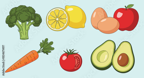 A colorful assortment of fresh produce and eggs arranged on a light blue background for healthy eating.