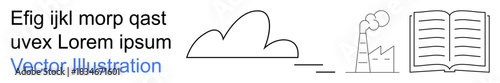 Environment, industry, learning, air pollution, sustainable energy, education. A cloud, factory emitting smoke and an open book in a minimalist outline design. Environment and industry illustrated