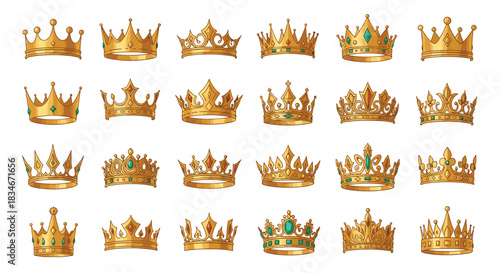 A collection of ornate golden crowns adorned with jewels symbolizing royalty and power.