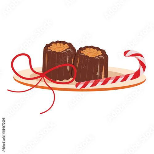 Indulge in festive holiday treats, two chocolate canelés with candy cane, perfect for Christmas celebrations and sweet winter moments