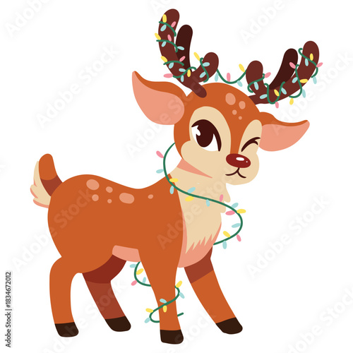 Festive reindeer winking with Christmas lights, a cute holiday mascot bringing joy and seasonal cheer for cards and designs