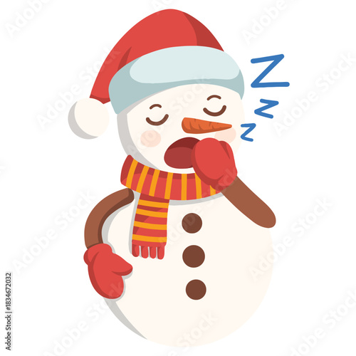 Adorable sleepy snowman yawning, wearing a scarf and hat, perfect for winter holiday cards and seasonal promotions, originally a vector design