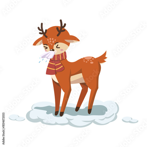 Adorable cartoon deer with a cold wearing scarf, perfect for winter holiday greetings and seasonal designs, cute animal illustration art