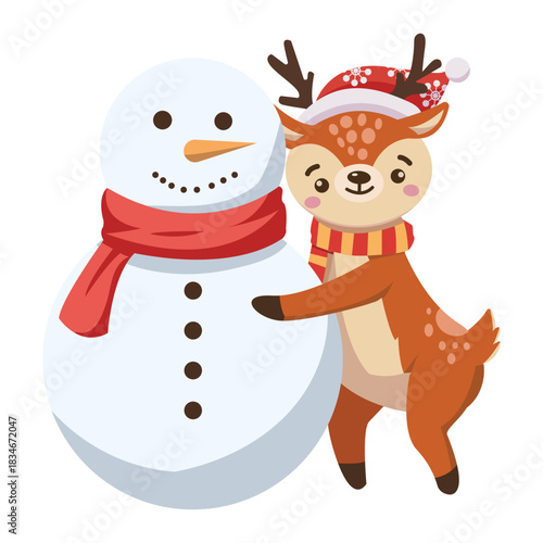 Adorable reindeer hugs a cheerful snowman, festive holiday cheer for seasonal greetings and winter celebrations, originally vector art