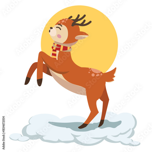 Joyful reindeer prancing cheerfully on snow, a whimsical holiday cartoon full of Christmas spirit and festive cheer perfect for greetings