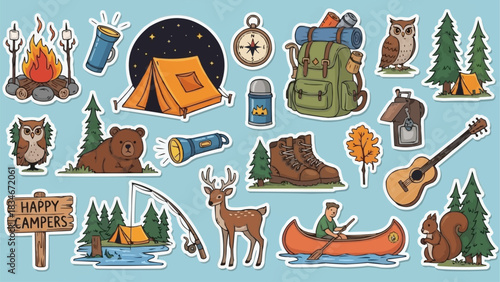 Cute cartoon collection of camping and outdoor adventure stickers.