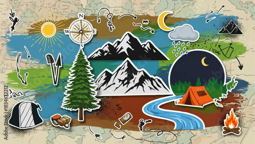 Camping adventure scene with mountains tent and campfire nature elements.