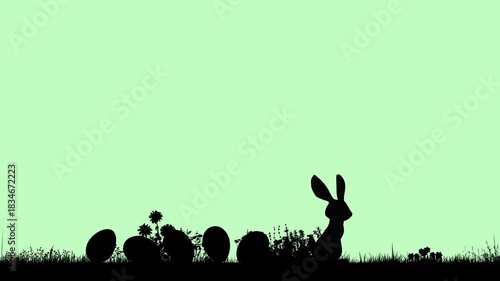 Loop animation of a rolling Easter eggs silhouette chasing a hopping bunny across a garden, isolated on a soft green pastel background. Playful spring scene with cute motion and cheerful holiday vibes