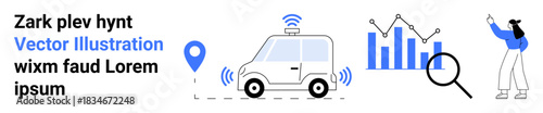 Autonomous car with wireless signals, location pin, magnifying glass, bar chart, and person pointing at data. Ideal for artificial intelligence, mobility, automation, technology data monitoring