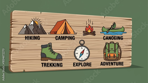 Outdoor Adventure Activities Icons on Wooden Board.