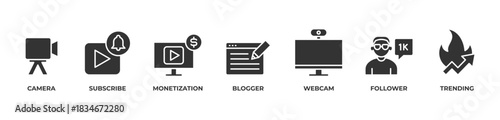 Creator Growth Icons set vector illustration with Camera, Subscribe, Monetization, Blogger, Webcam, Follower, Trending