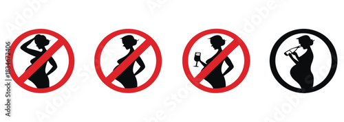 Crucial health warnings for pregnant women featuring prohibition signs for unhealthy activities like drinking alcohol and general health advice
