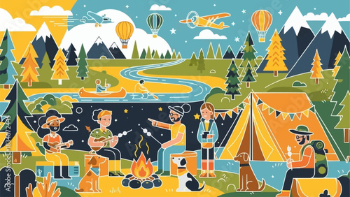 Camping adventure with friends and family enjoying outdoor activities.