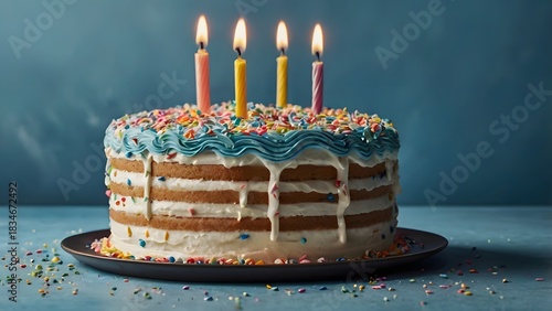 Layer Birthday Cake with Blue Frosting and Lit Candles
