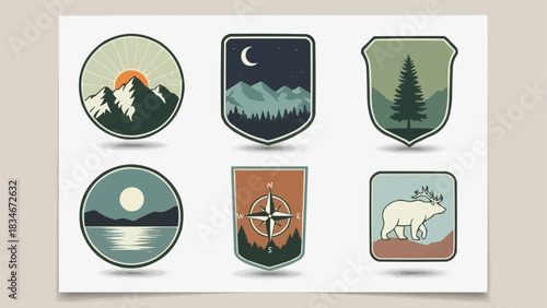 Collection of vintage outdoor adventure and nature exploration badges.