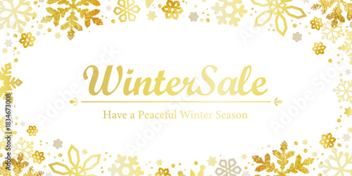 ゴールド雪の結晶とWinter Sale文字の冬セールバナーデザイン（冬季プロモーション用）コピースペース カード
