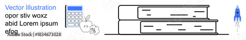 Education, knowledge, learning tools, academic inspiration, childhood studies, futuristic ideas. Books stacked on the side, apple calculator and rocket. Education and learning tools concept