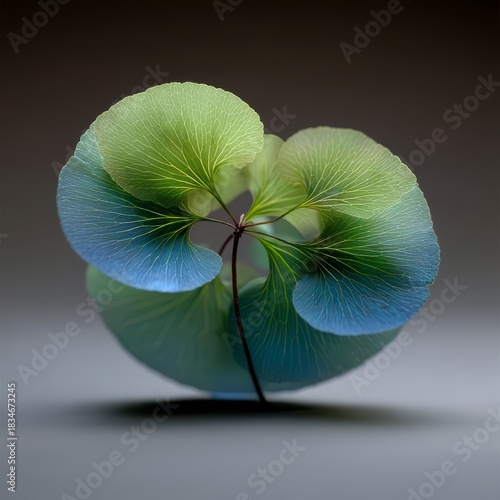 Close up of a translucent plant with glowing veins and layered green and blue leaves against a dark background