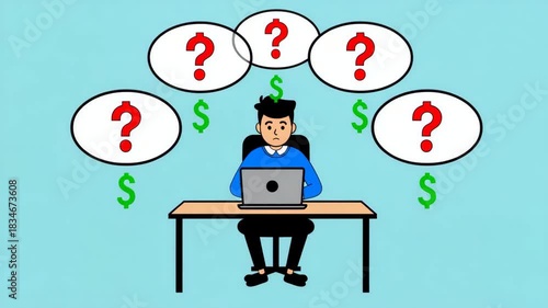Cartoon Business Man Thinking About Money and Questions at Laptop