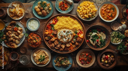 A variety of traditional Middle Eastern dishes are laid out on a rustic wooden table, including rice, meat, vegetables, and dips.