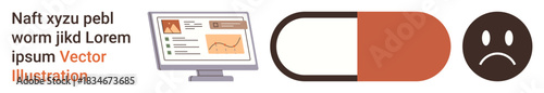 Healthcare, medication, research, online information, digital health, wellness. A computer screen with data, capsule pill and sad face icon. Healthcare and medication