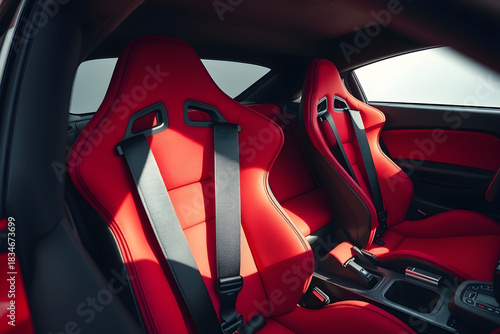 Sports car interior with red racing seats and seatbelts