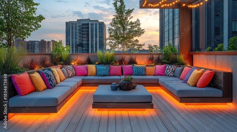 Obraz premium A modern rooftop patio with a large sectional sofa, colorful pillows, and ambient lighting.