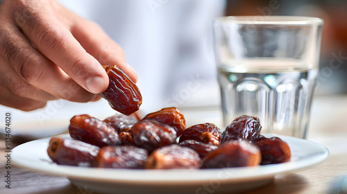 The hand of an Asian Muslim man taking a brown date on a white plate with water in a glass beside it, as takjil or a light snack to break the fast during the month of Ramadan.