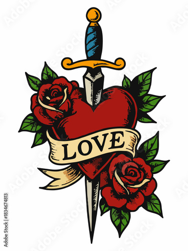 Illustration of a traditional heart and dagger tattoo design with roses
