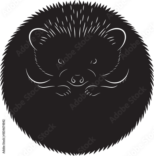 Stylized vector illustration of a hedgehog curled into a protective ball, black silhouette art, isolated design