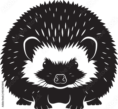 Stylized black and white graphic illustration of a cute hedgehog sitting and facing forward on a transparent background.