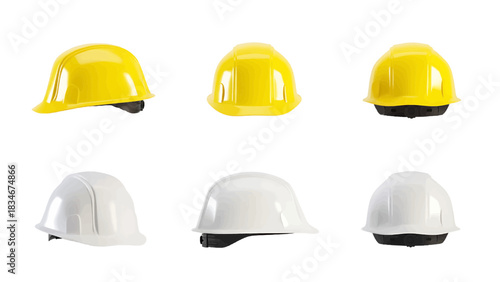 Vector of collection of yellow and white safety hard hats shown from different angles isolated on transparent background